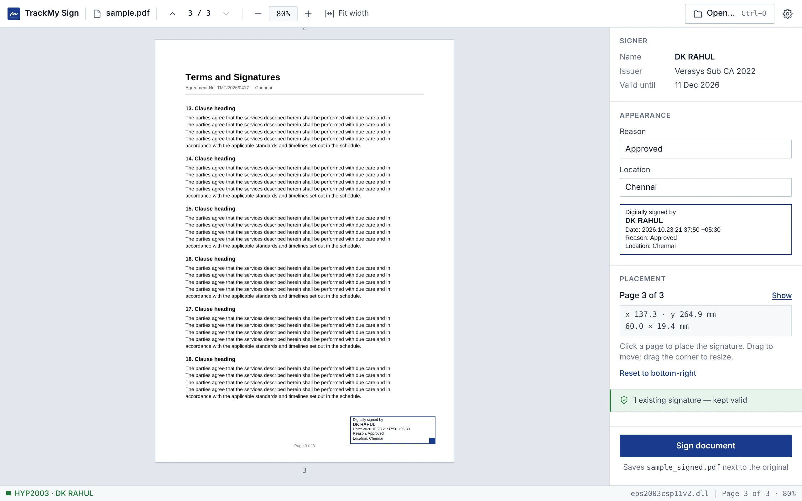 TrackMy Sign with a two-page PDF open, an existing auditor signature, the new signature box placed, and the signer, appearance and placement settings on the right.